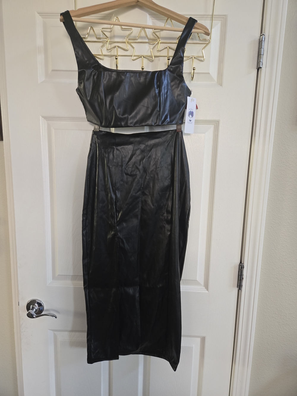 Black Faux Leather Midi Skirt Set
